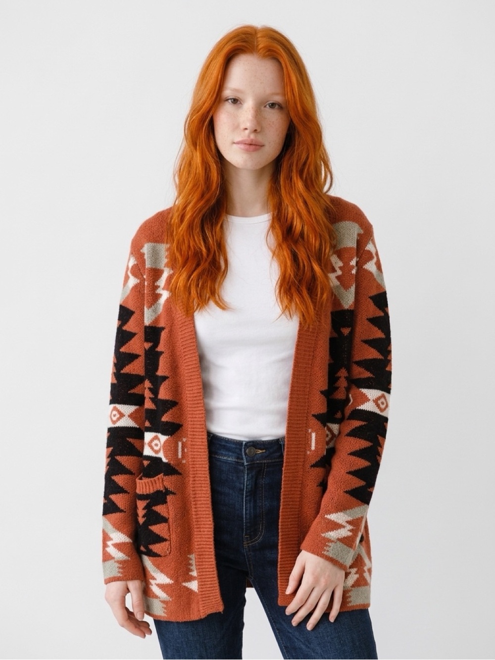 Rust Aztec Open-Front Knit Cardigan Sweater - Picture 4 of 4